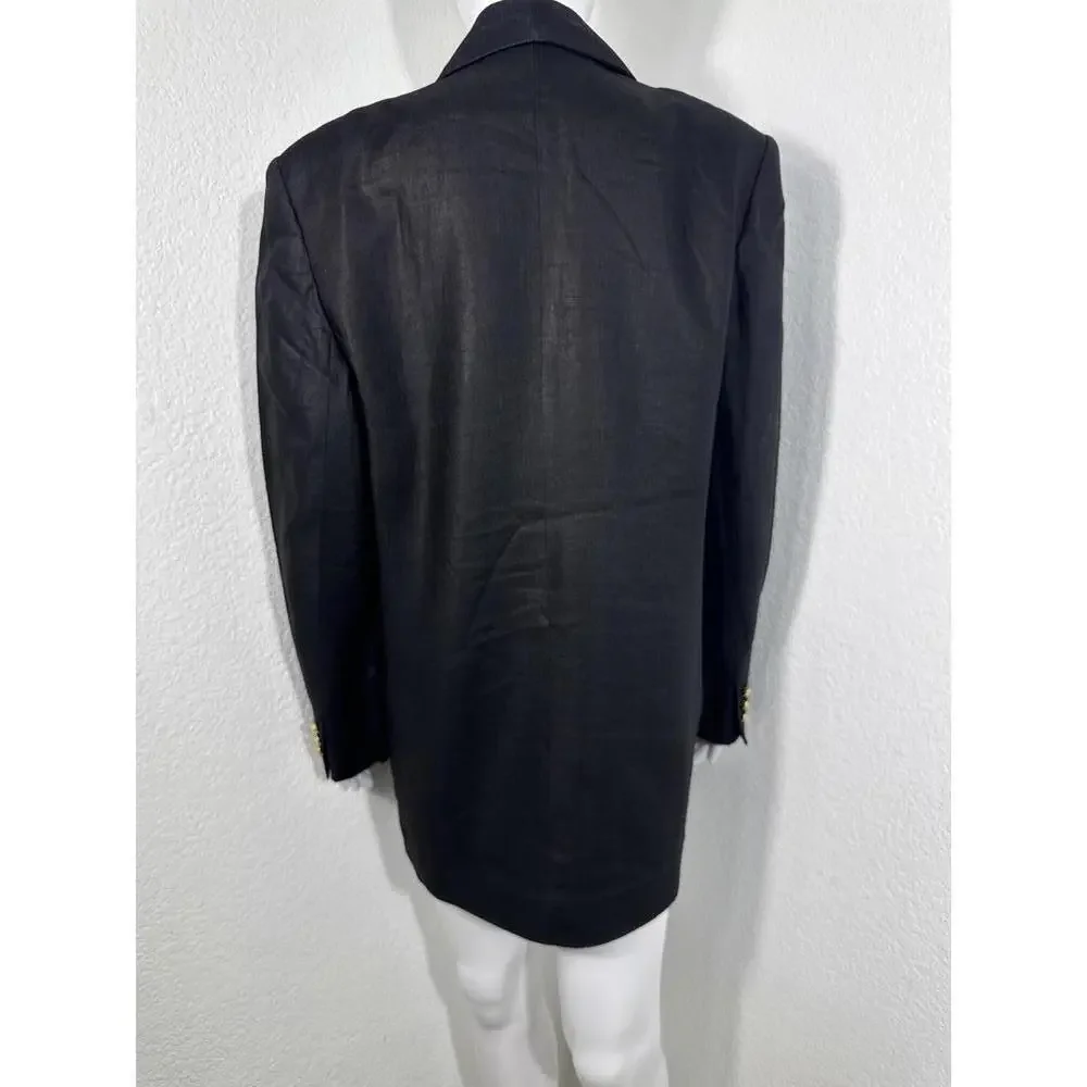 VTG 80s Linen Crest Blazer Sz S Black Gold Preppy Classic Power Jacket - Picture 2 of 5